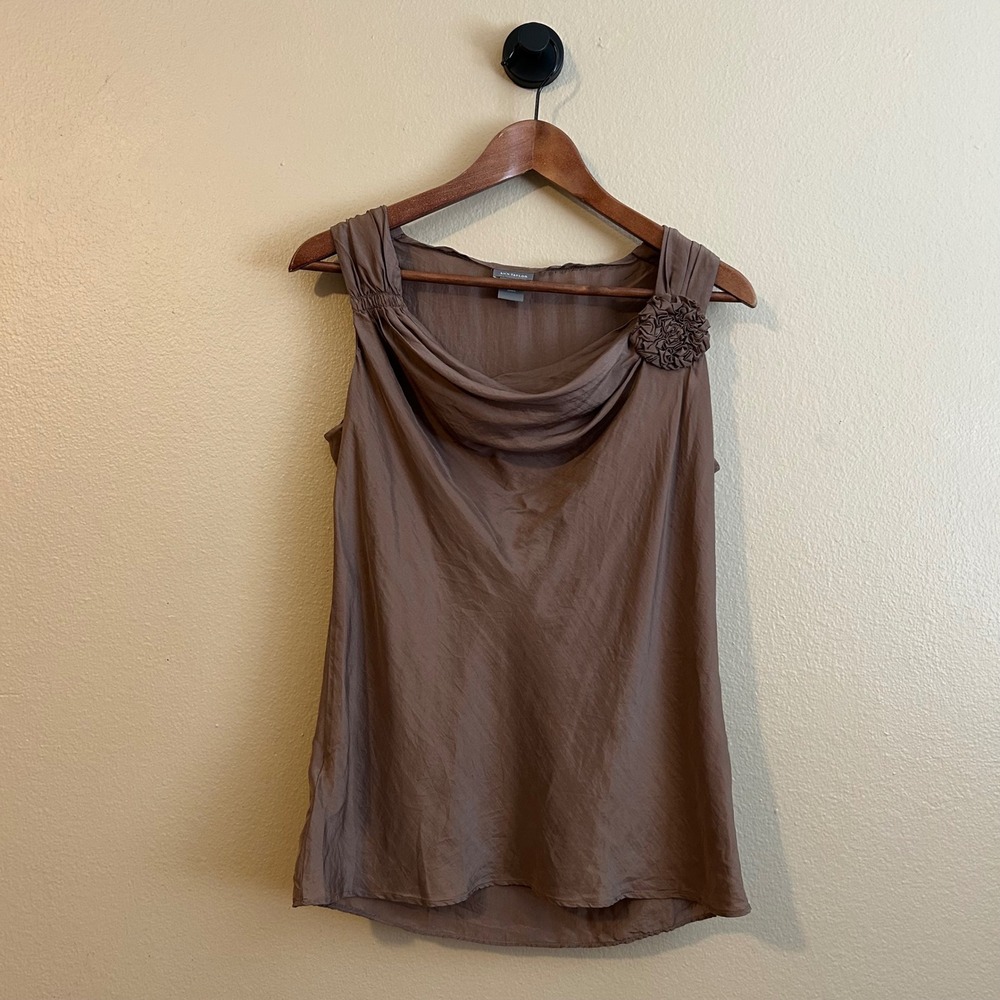 Y2K 100% Silk Draped Neck Brown Sleeveless Top Ann Taylor Size Small Luxury